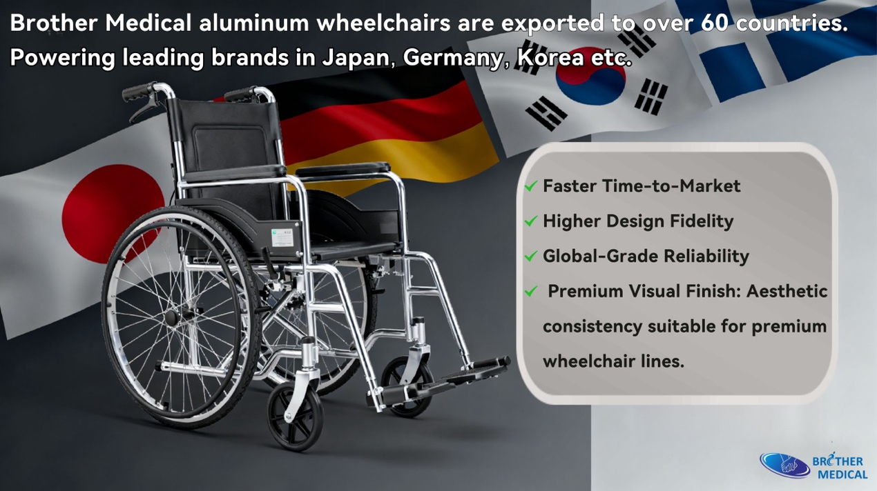 Xe lăn y tế của Brother được xuất khẩu tới hơn 60 quốc gia, Thời gian đưa ra thị trường nhanh hơn, Độ trung thực trong thiết kế cao hơn, Độ tin cậy ở cấp độ to&agrave;n cầu, Độ ho&agrave;n thiện h&igrave;nh ảnh cao cấp T&iacute;nh nhất qu&aacute;n về mặt thẩm mỹ ph&ugrave; hợp với c&aacute;c d&ograve;ng xe lăn cao cấp